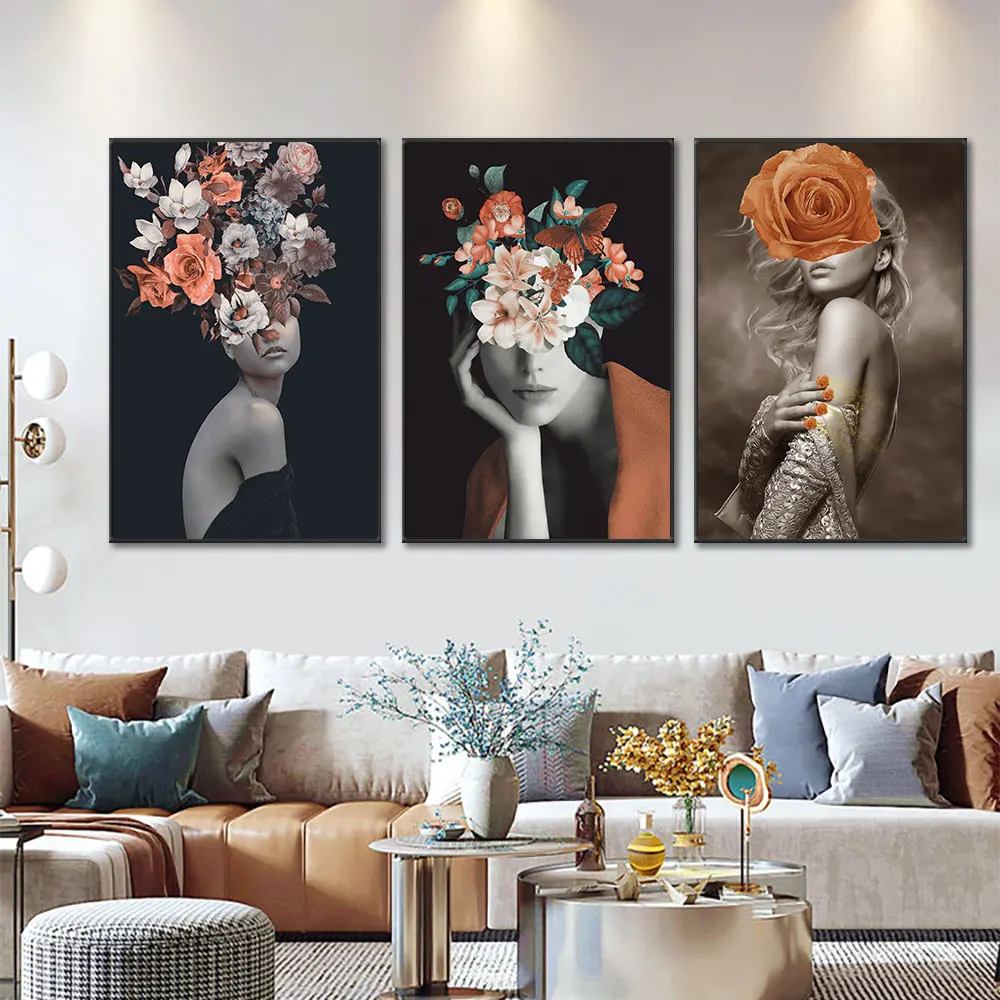 

Fashion Women Head With Flowers Painting Modern Canvas Posters And Prints Wall Art picture For Living Room Bedroom Decoration