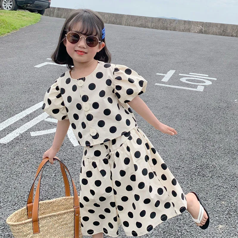 Summer Girls' Clothing Sets Fashion Single-breasted Polka Dot Girls' Shirt Top+Culottes Baby Kids Clothes Suit Children Clothing