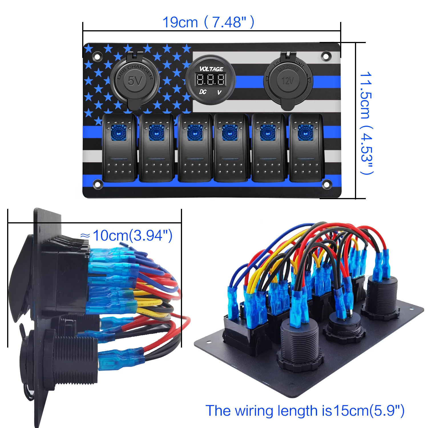 미국 국기 패턴이있는 6 갱 방수 스위치 패널 자동차 용 USB 차량용 충전기 및 전압계 및 전원 소켓이있는 6Pin ON/Off 스위치