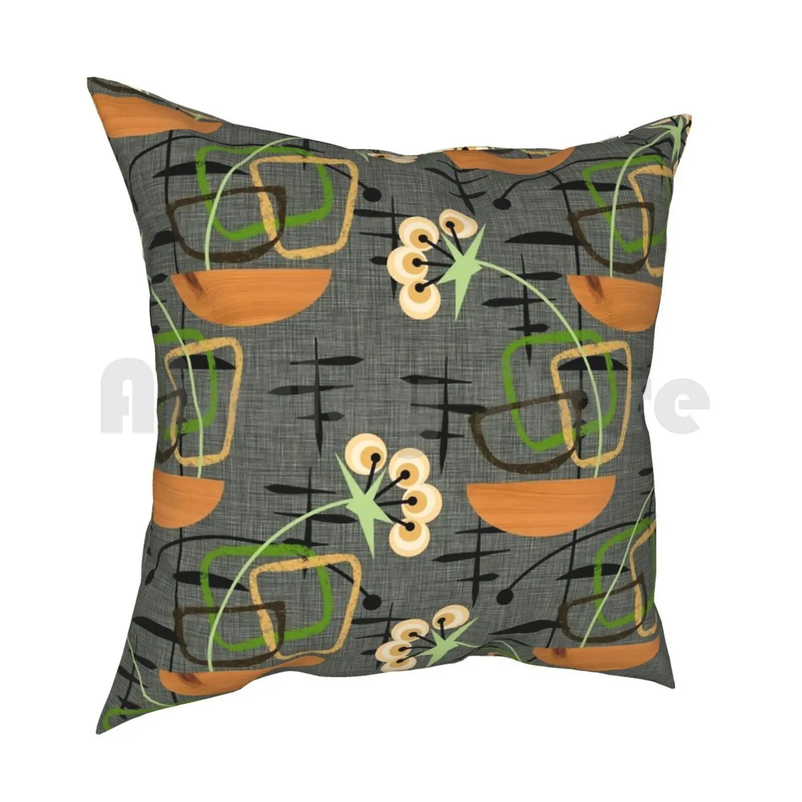 Gray Mid-Century Modern Houseplants , Atomic Patterns Pillow Case Printed Home Soft Throw Pillow Gray Black Gold Green