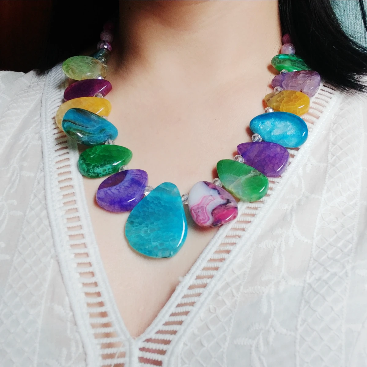 Lii Ji Real Stone Mutil Color Necklace Agatess Crystal Necklace 54cm Summer Women Jewelry