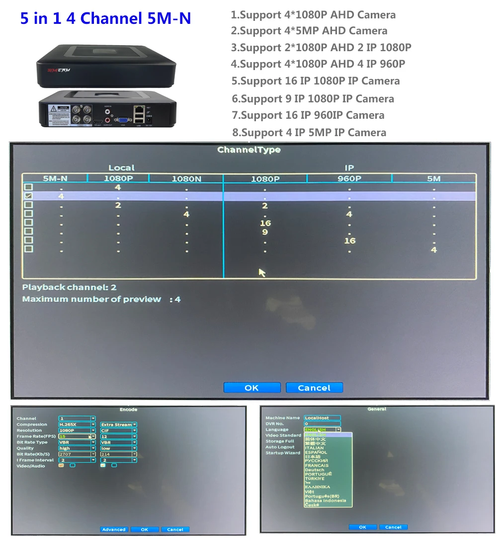 Super HD 5MP-N/1080P H.265X 4/8Channel Hybrid 5-in-1DVR Security Recorder Supports IP CameraAHD/TVI/CVI Camera Motion Alert Home