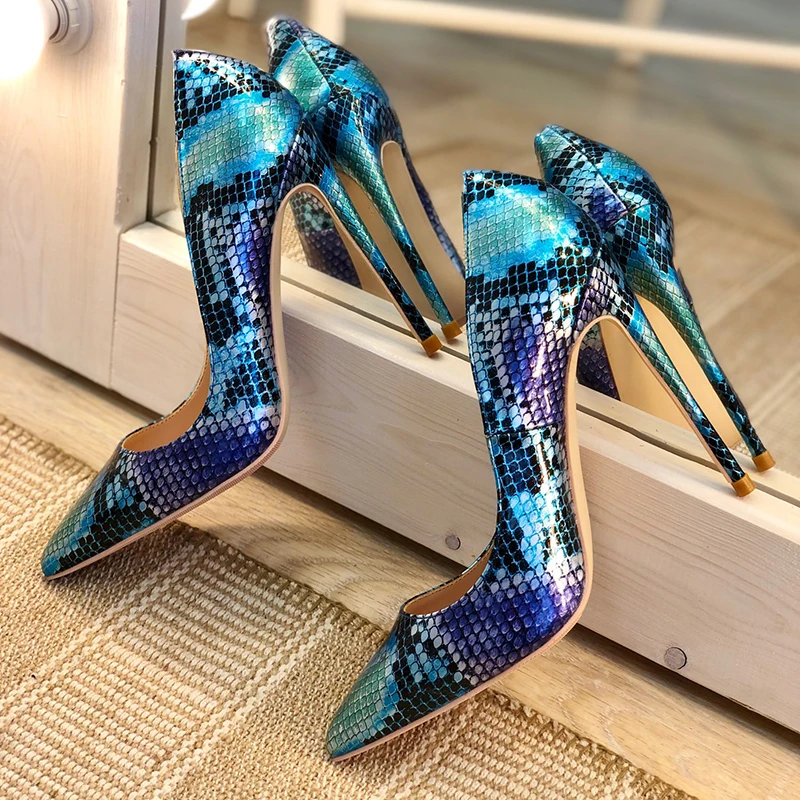 Veowalk Snake-effect Embossed Women Sexy Pointy Toe High Heels Slip On Stilettos Pumps Ladies Dress Party Shoes 12/10/8cm Heel