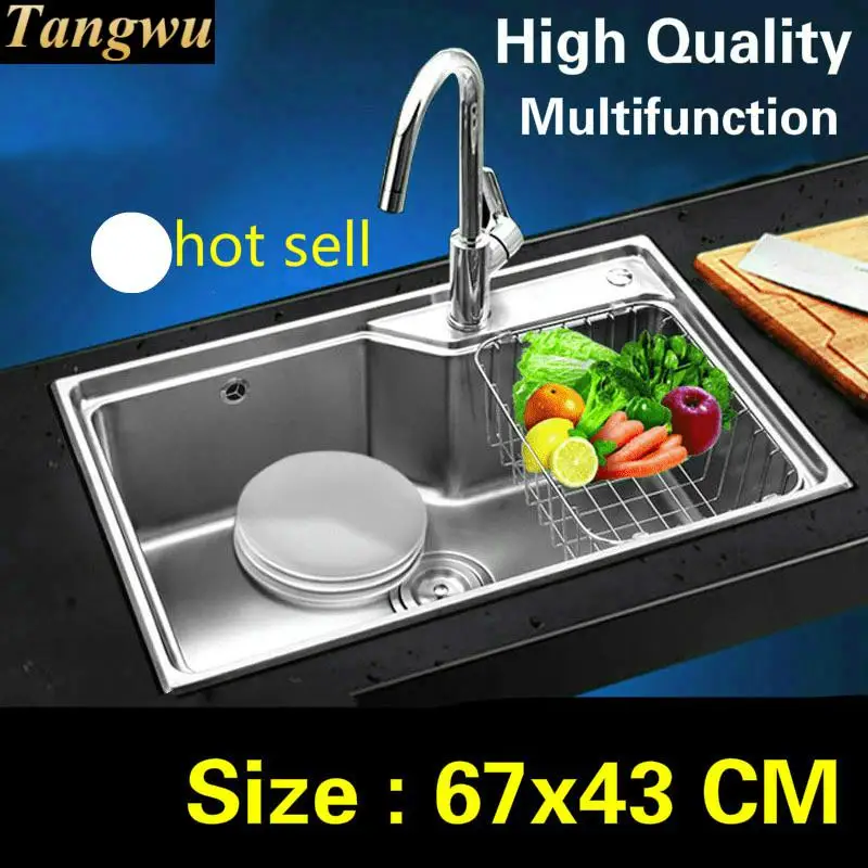 

Free shipping Home stretch faucet wash vegetables high capacity small kitchen single trough sink 304 stainless steel 670x430 MM