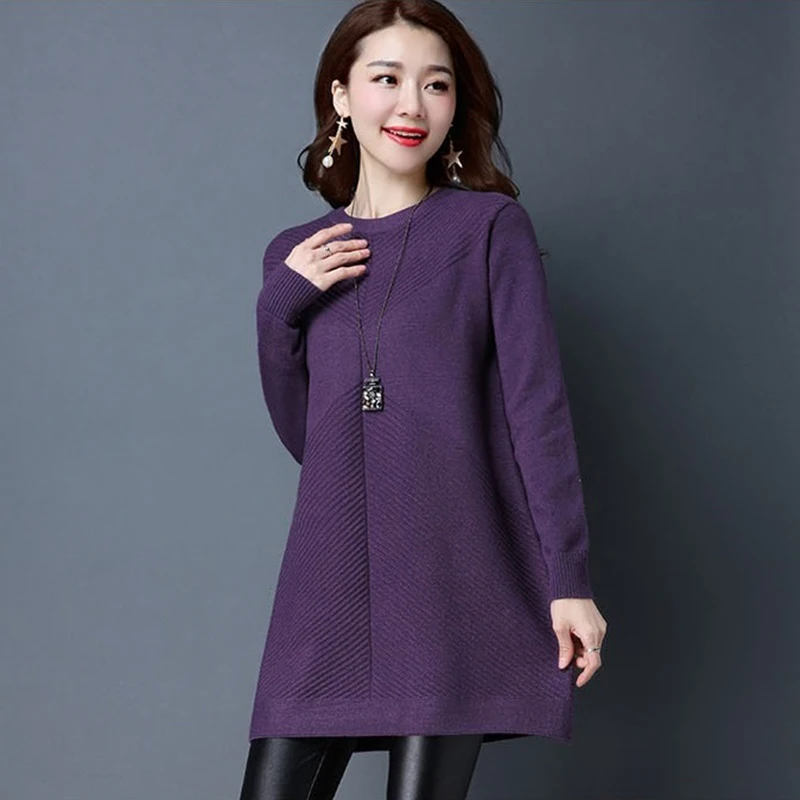 สไตล์เกาหลีกลางความยาวหลวมเสื้อกันหนาวผู้หญิงฤดูหนาวฤดูใบไม้ร่วงใหม่ถักเสื้อหญิงความยืดหยุ่น Thicken ยาวแขนยาว Bottoming เสื้อ