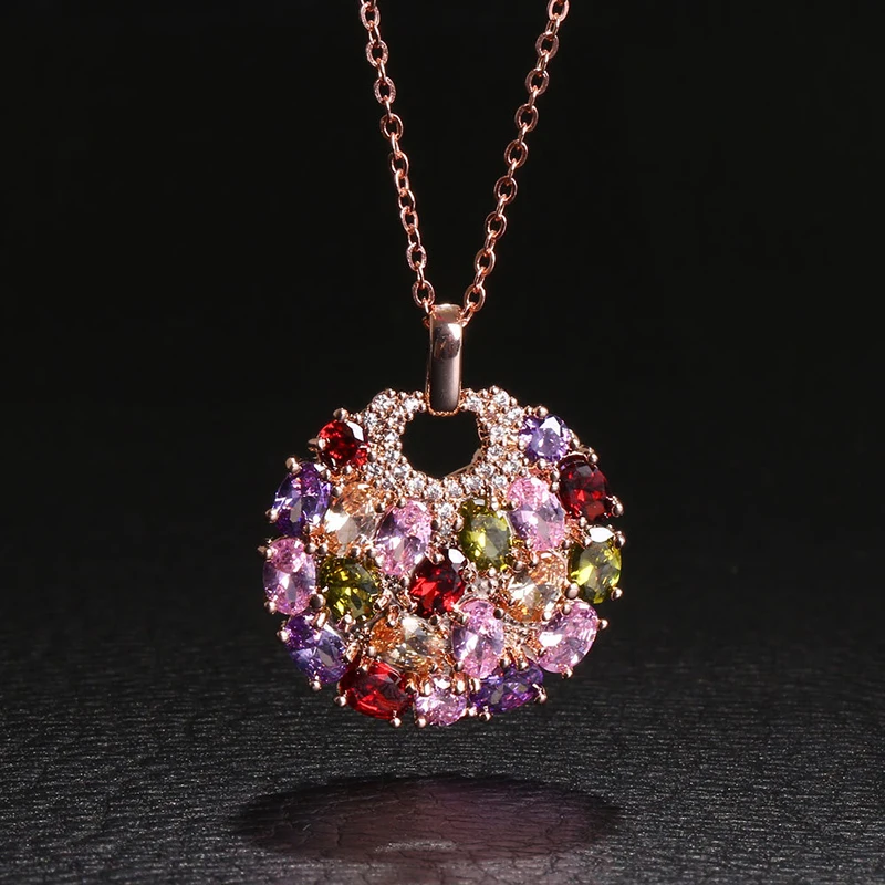 Women\'s Classic Shiny Colorful Zircon Pendant Necklaces Multicolor Flower Rose Gold Charming Necklace Pendants Jewelry Best Gift