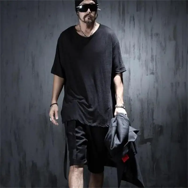 Men's European and American Korean version round collar short front and long back asymmetrical long large size nightclub T-shirt