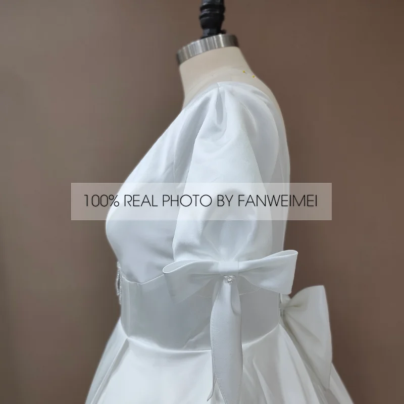 4294 # cetim colher vestidos de casamento bowtie elegante sem costas manga curta vestidos de noiva plus size vestido de casamento vestido de casamento