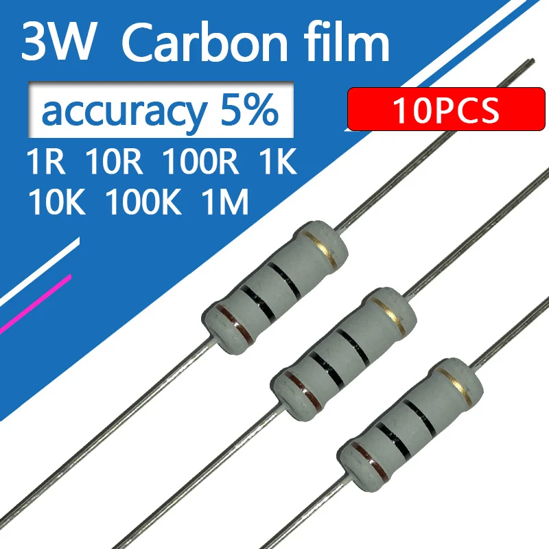 10szt 3W Rezystor z folii węglowej Czterokolorowe kółko 1R 1.2R 1.5R 1K 1K2 1K5 10 12 15 100 120 150 R K Ohm 10R 100R 10K 15K Rezystancja