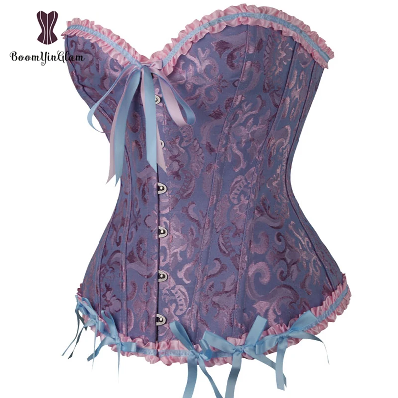 Brown Dark Blue  Steampunk Korset Women Lingeries Dance Wearing Costumes Floral Lace Up Boned Corset Top