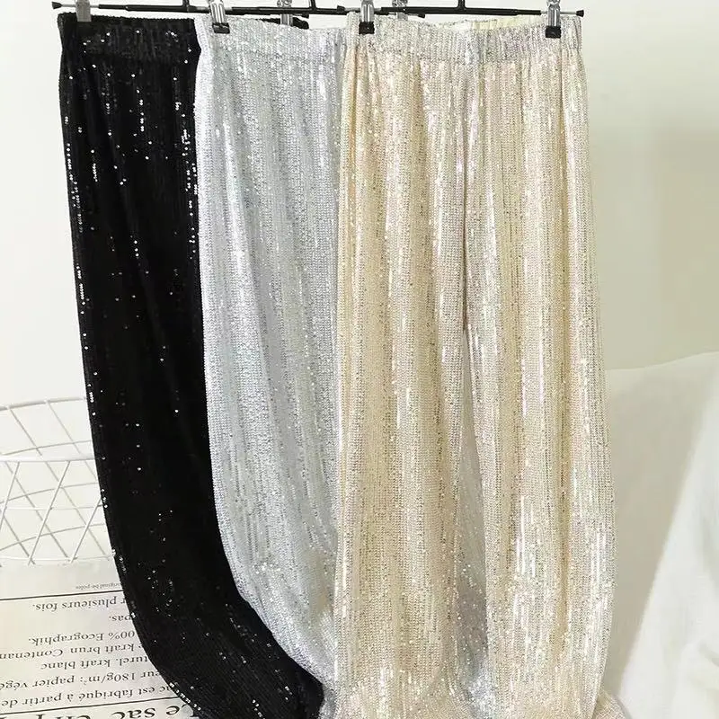 Sidaimi-Pantalon Large à Paillettes pour Femme, Capri Chic, Taille artificiel astique, Argent, Plein, Décontracté, Or, Long, Club, Luxe, Bling, 2022