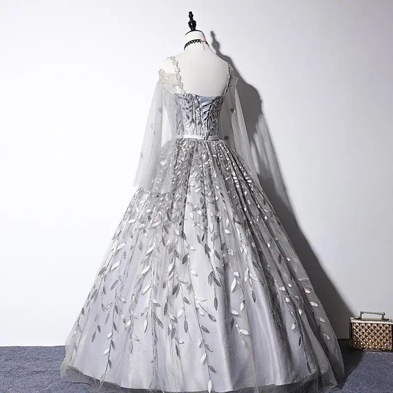 Elegant Gray Appliques Quinceanera Dresses Tulle Full Sleeve Noble Ball Gown Floor Length Party Prom Quinceanera DressCustomized