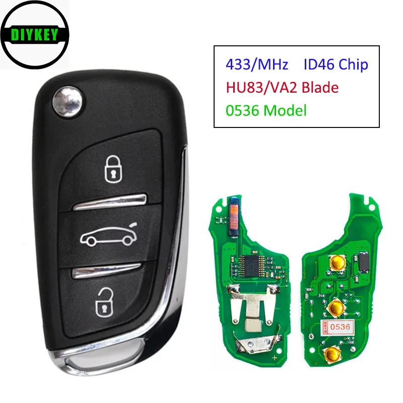 

DIYKEY DS Modified Folding Remote Key 3 Buttons 433MHZ ID46 for Peugeot 307 0536 Model 2001 2002 2003 2004 2005 HU83/VA2 Blade