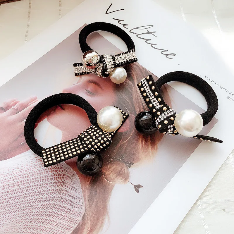 Retro light luxury black and white pearl head rope hair tie knotted Korea Dongdaemun rubber band ball hair rope hairaccessories