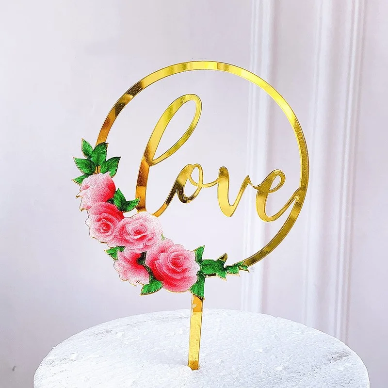 New Happy Anniversary Cake Topper Color Flowers Acrylic Birthday Cake Toppers Wedding Valentine's Party Cake Dessert Decorations