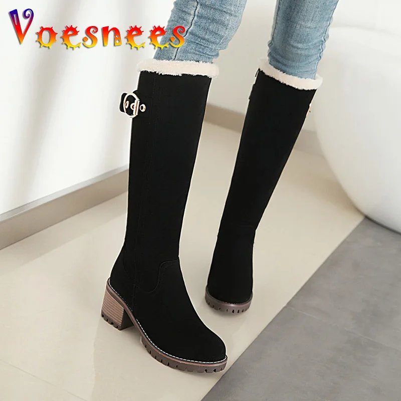 Women\'s Winter Warm Long Boots 2022 New Fashion Flock Knee-High Boots Exquisit College Style Plush Thick Soled Zip Female Shoes