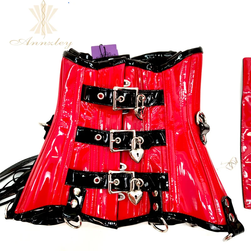 Annzley Red And Black Leather Corset With Lock Underbust Korsett For Waist Slimming Men Corset Tight Lacing Corsette 24 Pieces