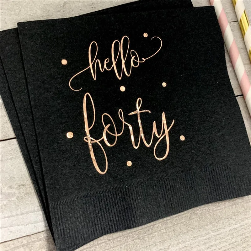 

Hello Forty 40 Black w/Metallic Rose Gold Foil Cocktail Beverage Napkins 3 Ply Happy Birthday 40th Rustic New Home house warming