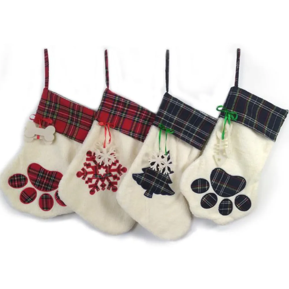 

Hot Sale Christmas Cat Stocking 100pcs/lot Xmas Pet Dog Plaid Paw Stocking Tree Decoration Socks Fast Shipping