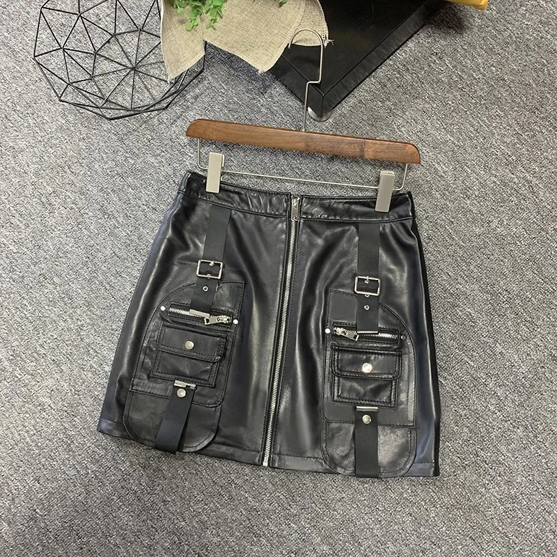 Women Sexy High Waist Buckle Pockets A Line Mini Skirt Vintage Oil Wax Soft Sheepskin Genuine Leather Skirt Short Female Faldas