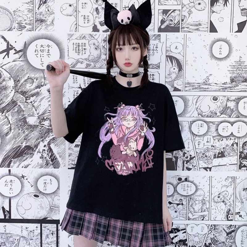 

Harajuku T-shirts Women's Lovely Cartoon Print Tshirts Loose Oversize Short Sleeve T-shirt Women's Pink T-shirt