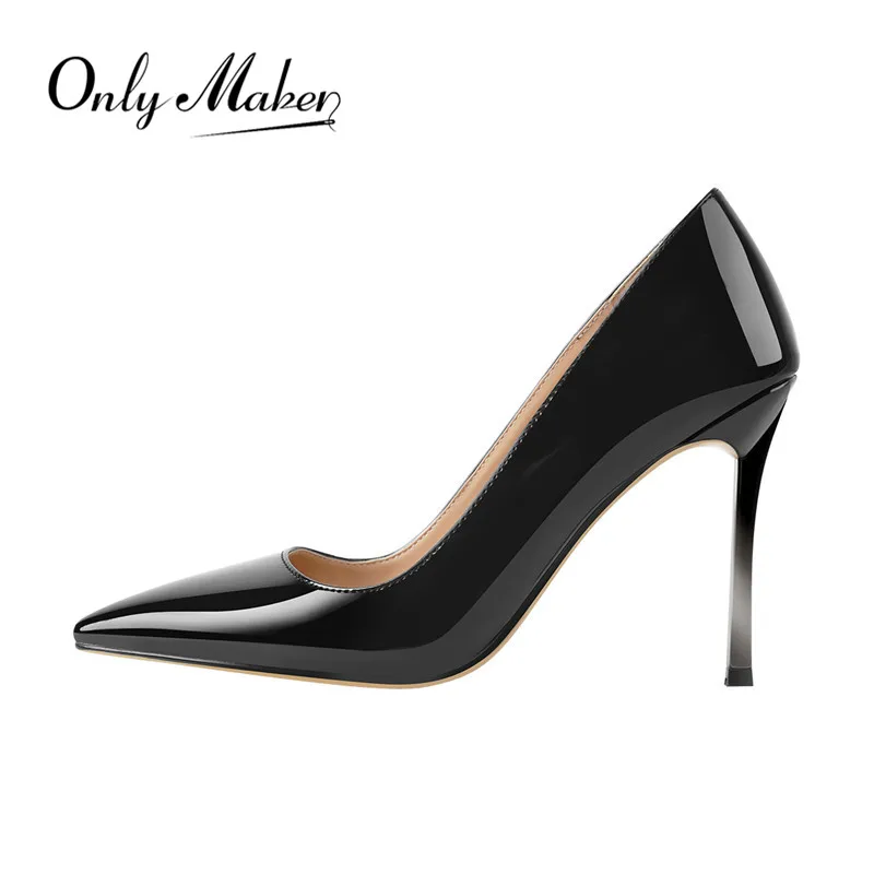 Onlymaker Women Shoes Pointed Toe Black Red Patent Leather Metal Heels Fashion Dress Wedding Party  Big Size Lady Thin Pumps