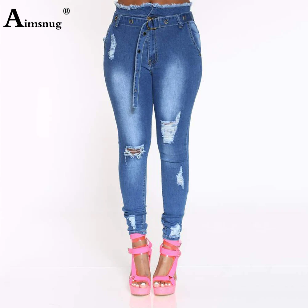 Plus Size Women Sashes Jeans Demin Pants Skinny Jeans Hole Ripped Femme Slim Fitted Pantalon Streetwear Womens Denim Trousers