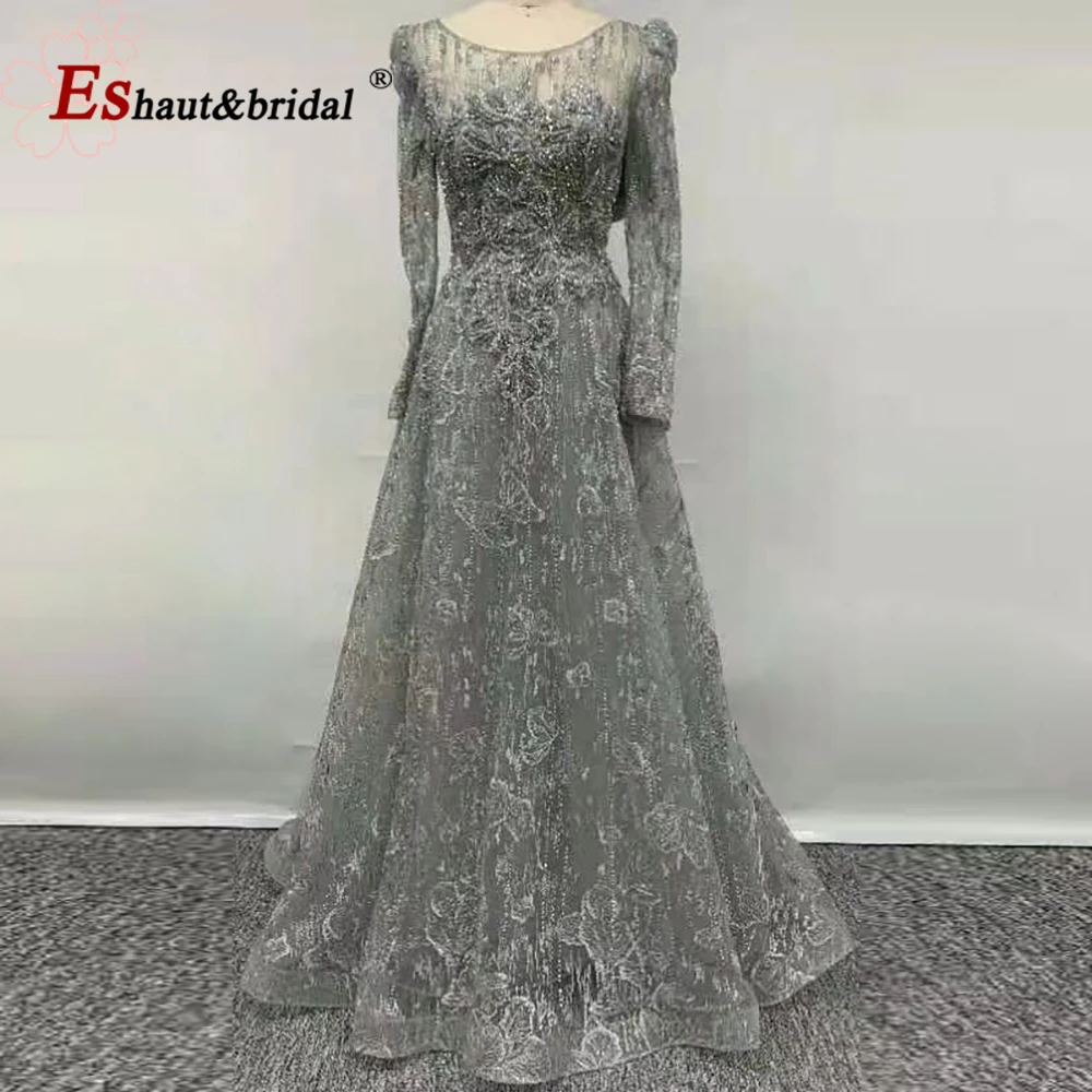 Elegant Dubai Evening Dress for Women 2024 Long Sleeves O Neck Aline Crystal Lace Formal Prom Wedding Party Gowns Customized