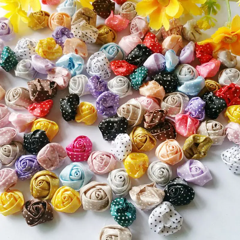 50pcs/lot 15mm DIY Rosette Flower mixed Dot Ribbon Rose for  Kids Garment or Craft accessory scrapbooking