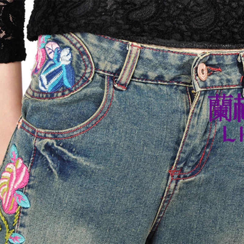 Free Shipping 2023 New Fashion Long Pants For Women Embroidery Flower Trousers Plus Size Denim Wide Leg Jeans Female Chinese