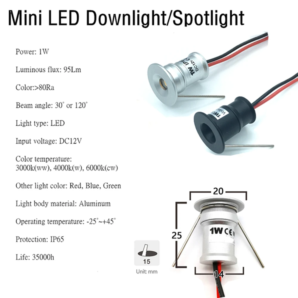 1W Mini LED Downlight 12V ściemnialny reflektor IP65 oświetlenie szafki na klatkę schodową 15mm wpuszczane oświetlenie punktowe do sypialni oprawa