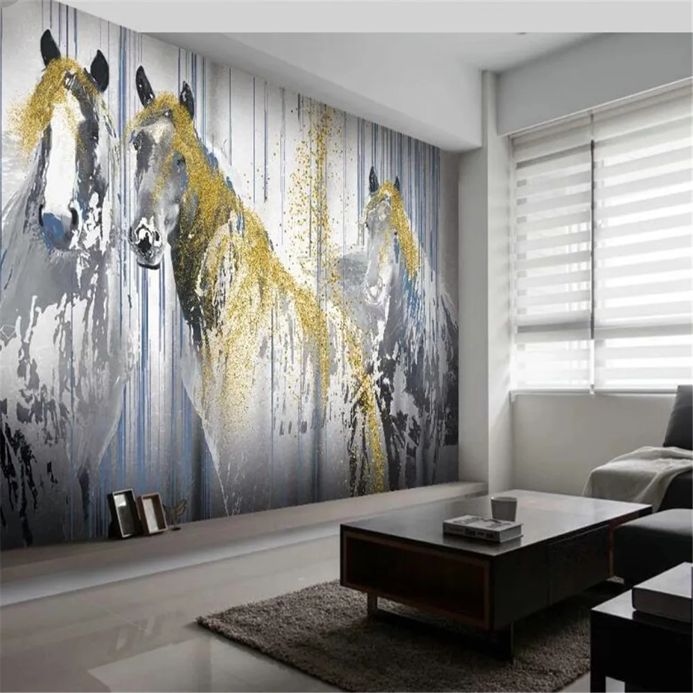 Milofi custom 3D non-woven mural wallpaper Nordic minimalist hand-painted abstract golden horse background wall mural