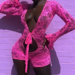 2024 Hot Sexy Women Mesh Sheer Hollow Out Rompers Onesies Shorts Pink Deep V-Neck Flare Sleeve Floral Bodycon Playsuit Jumpsuit