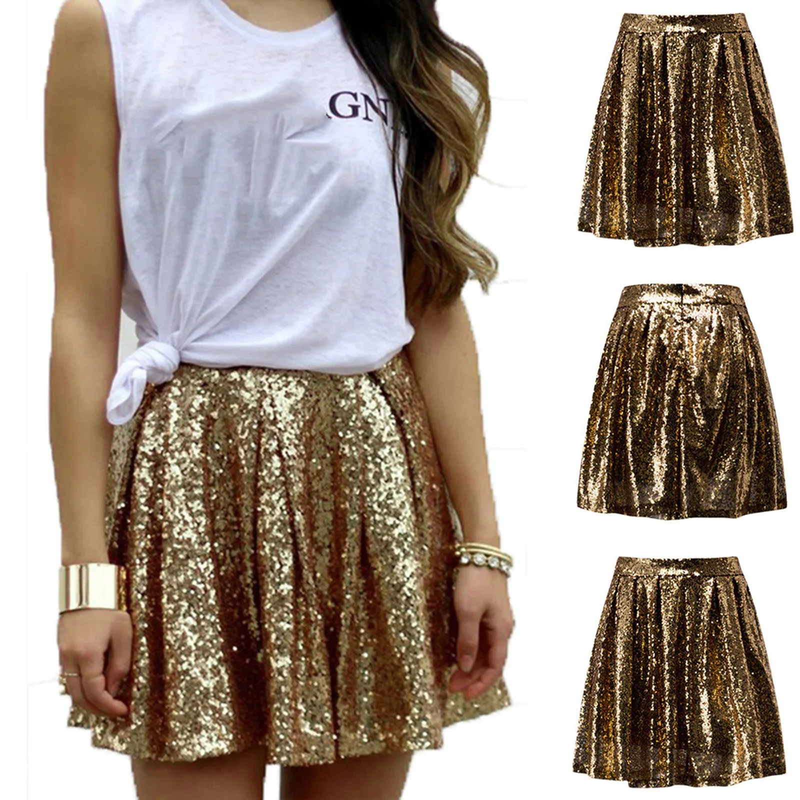 Elegant Bling Skirts Women Fashion High Waist Pleated Solid Color Short Skirt Loose Gold Sequin Skirt Streetwear Party Clubwear