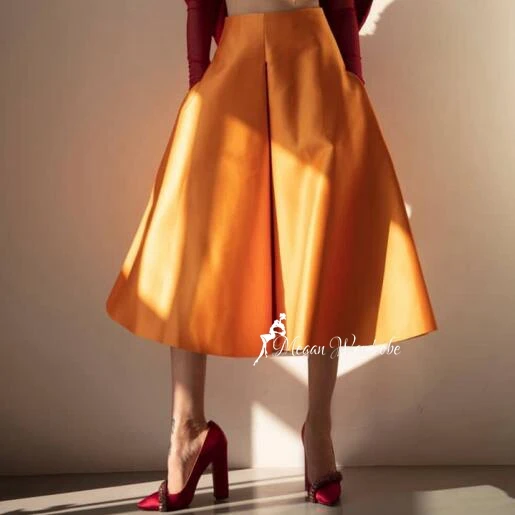 

High Street Style Orange Satin A-Line Long Skirts Women Elegant Mid-Calf Length Casual Skirt Zipper Waist Faldas die Röcke