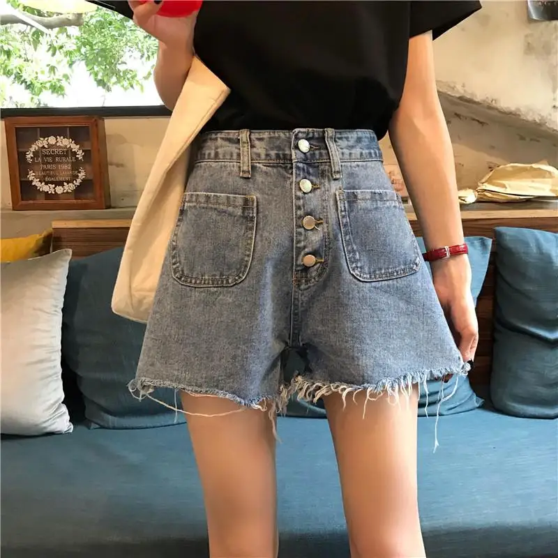 Large size denim shorts women's single breasted pocket casual Korean style high waist shorts jeans sexy loose shorts