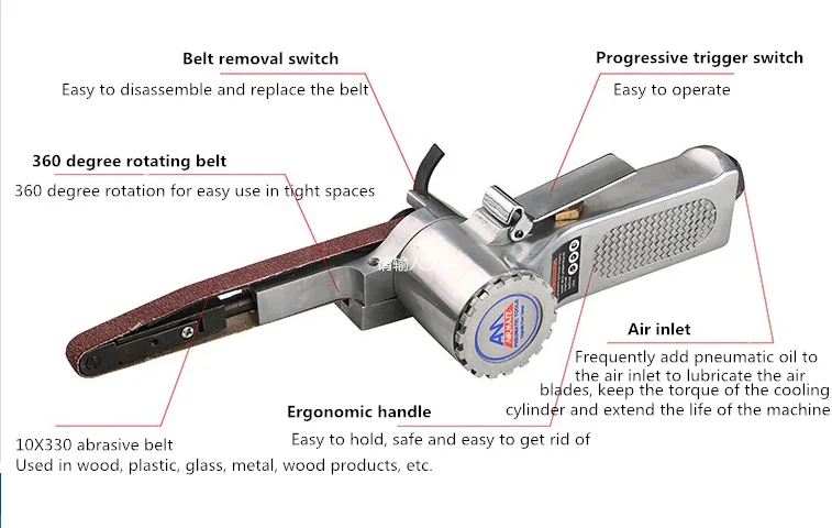 10 * 330mm Air Belt Sander Angle Grinding Machine Compressor Sanding Pneumatic Polishing Tool Set