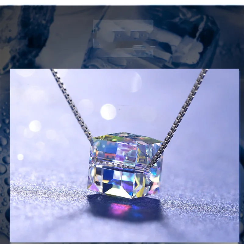 Aurora Cube Sugar Necklace Female Austrian Crystal Pendant Female Accessories Short Clavicle Chain Pendant