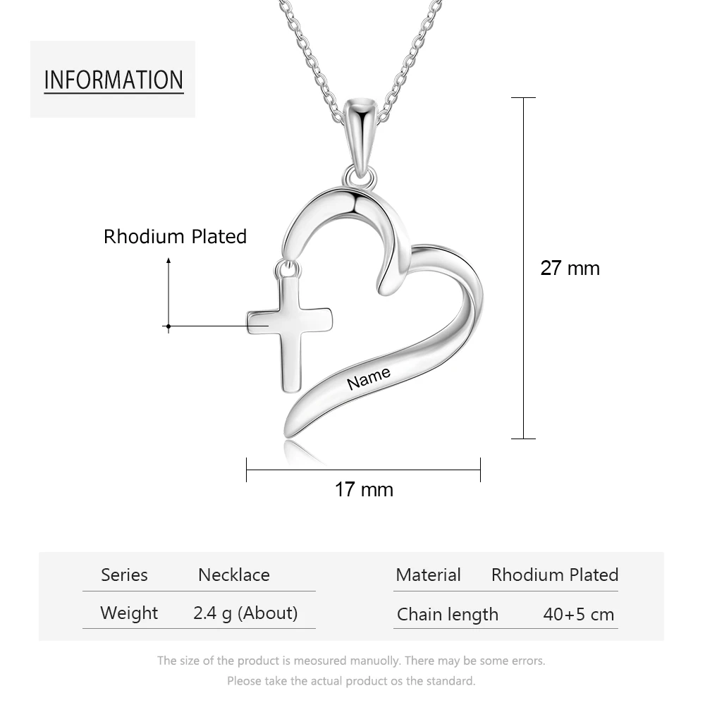 Personalized Name Heart Pendant Necklace with Cross Customize Engraving Women Necklace Jewelry Mother Gift (JewelOra NE104188)