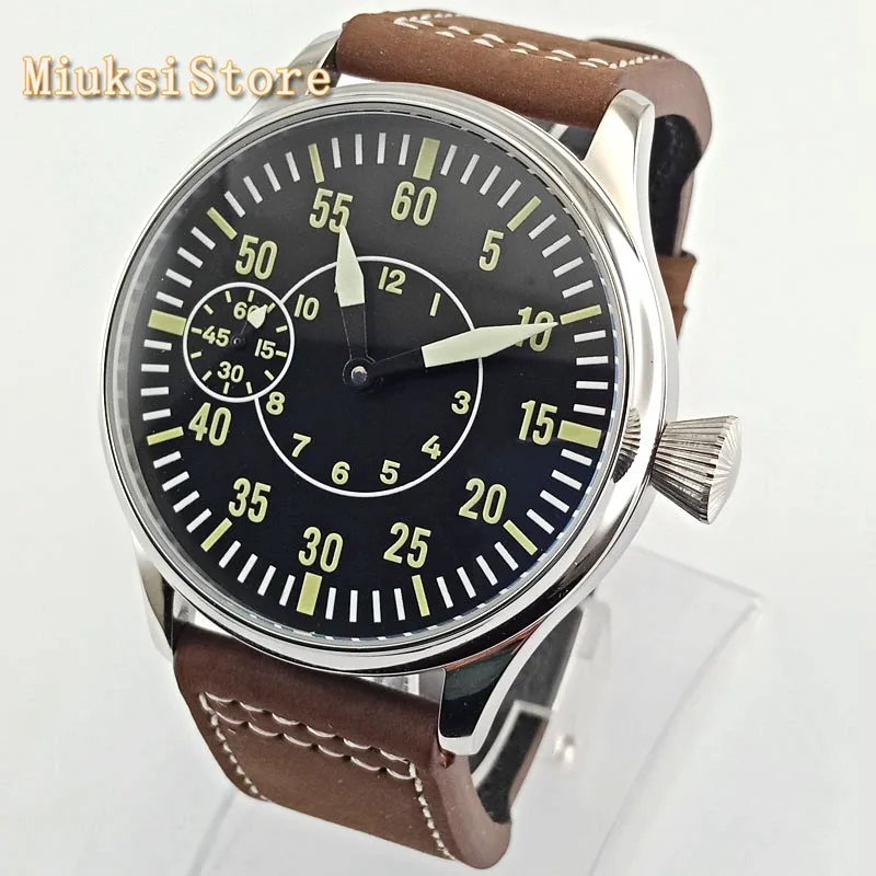 CORGEUT 44mm silver case black luminous dial leather strap  17 jewels 6497 hand winding movement mens leisure sport watch