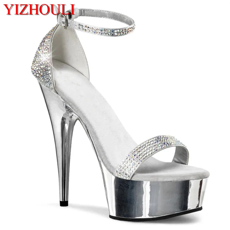 Pole-dancing 15CM women's super-high heels sandals, sequined vamp electroplated heels, model stage performance shoes