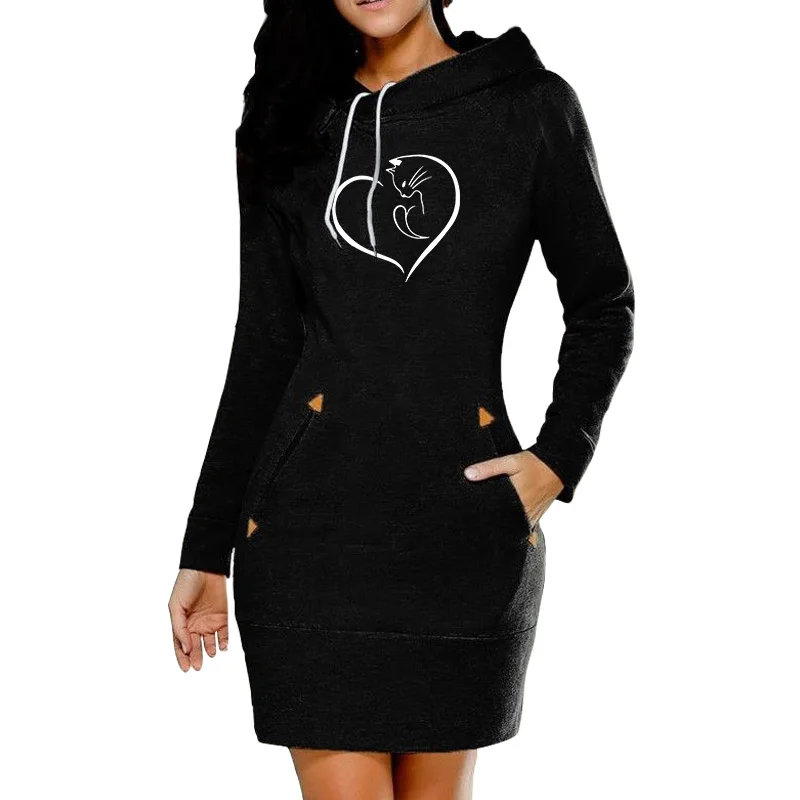 Women Sweatshirt Dress Hooded  Long Sleeve  Casual Hoodies Dress Drawstring Pullover Tops Streetwear Dropshipping