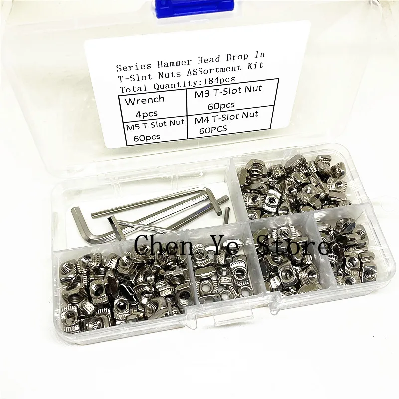 

Free Shipping184PCS T-Nut Set Hammer Head T Nut Kit M3 M4 M5 Connector Nickel Plated For 20 Series Aluminium Profile Accessories