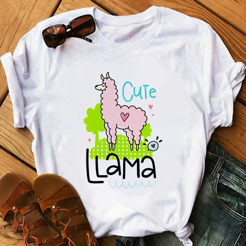 

Cute Llama Graphic Print Women’S T-Shirts Grass Mud Horse Cartoon Print Tshirt Women Casual Short Sleeve Graphic Tops Teestops