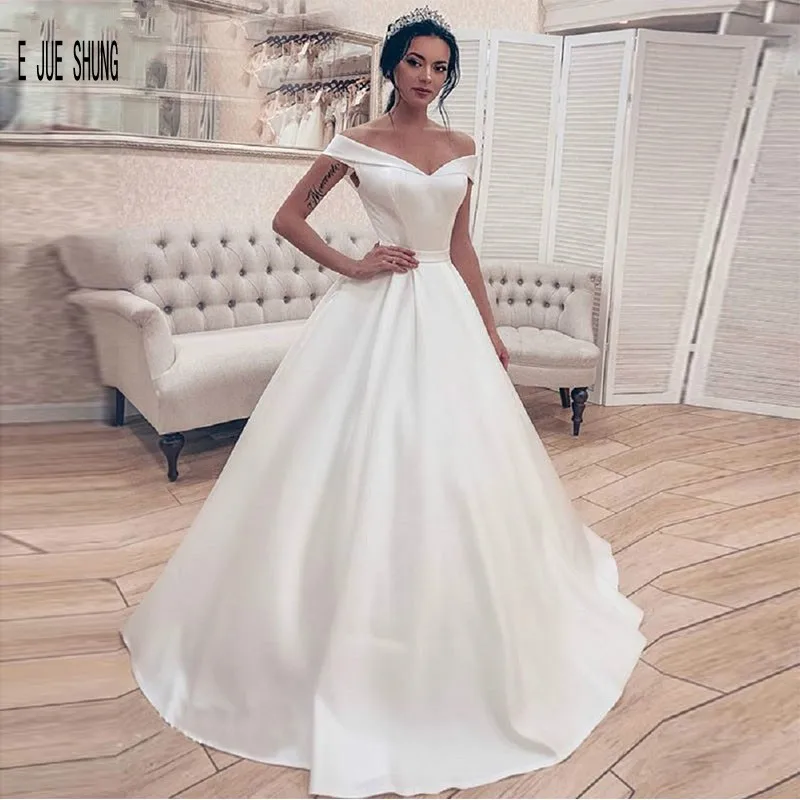 

E JUE SHUNG Off Shoulder Wedding Dresses 2020 Lace Up Back Sleeveless Satin country princess Bridal Gown Robe De Mariée