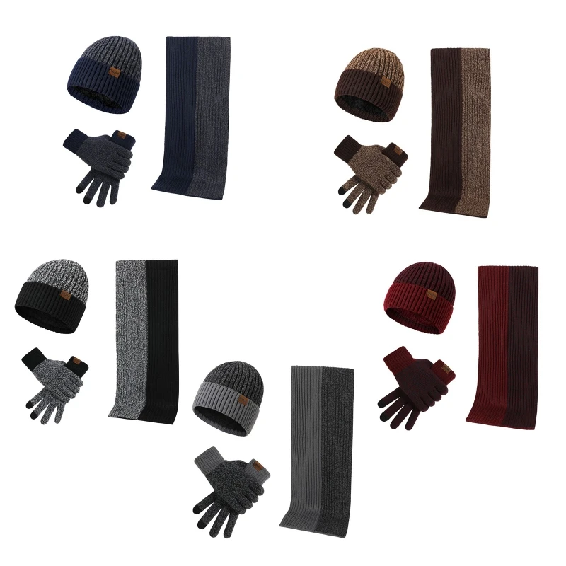 3 Pcs/set Unisex New Double-sided Color Matching Scarf Autumn Winter Fashion Men Women Simple Thickening Hat Gloves Set