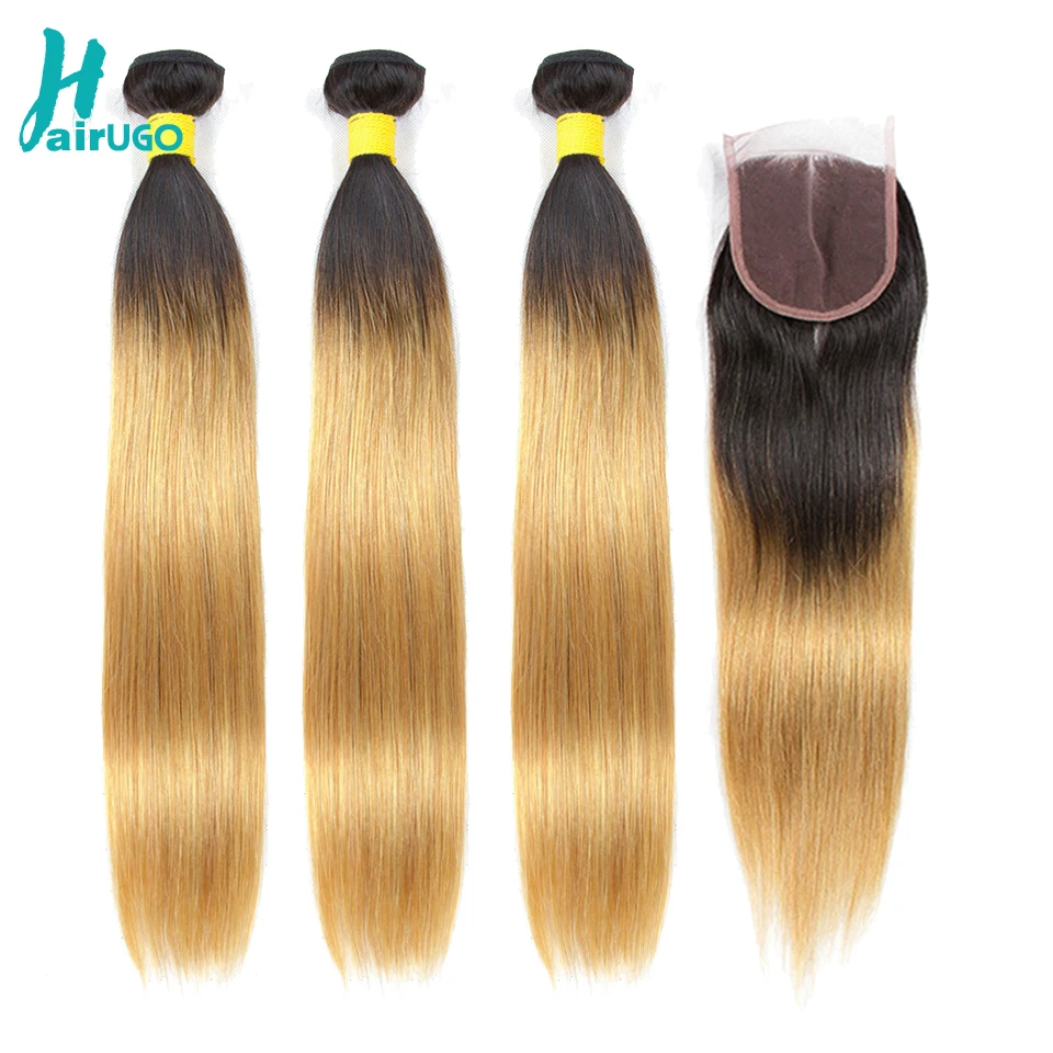 HairUGo peruviano 1B/27 fasci di capelli lisci con chiusura Ombre Blonde 2/3/4 fasci di capelli umani con chiusura 4*4 tessuto di capelli Remy