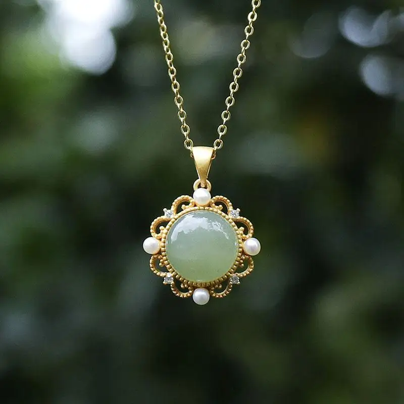 S Silver Natural Hetian Jade Jasper Pendant Necklace Round Chinese Vintage Carved Inlaid Pearl Women Charm Brand Jewelry