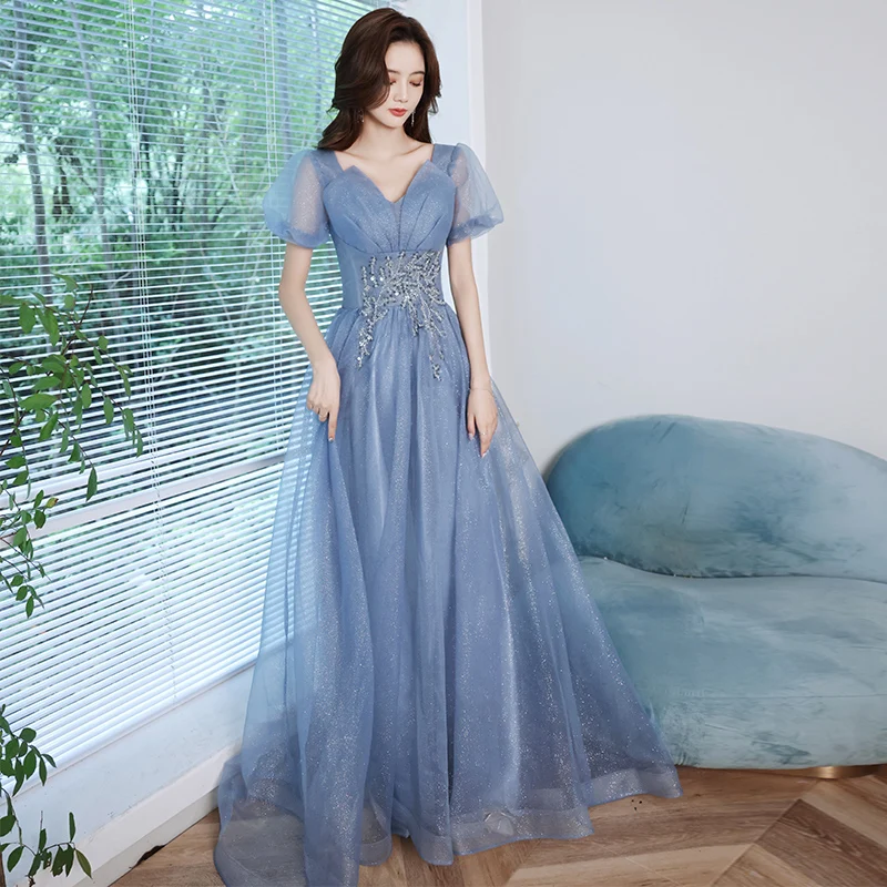 

Fantasy Stary Blue French Prom Gown 2022 New Gorgeous Tulle Puff Sleeve Floor Length Banquet Party Dress Female Formal Vestido