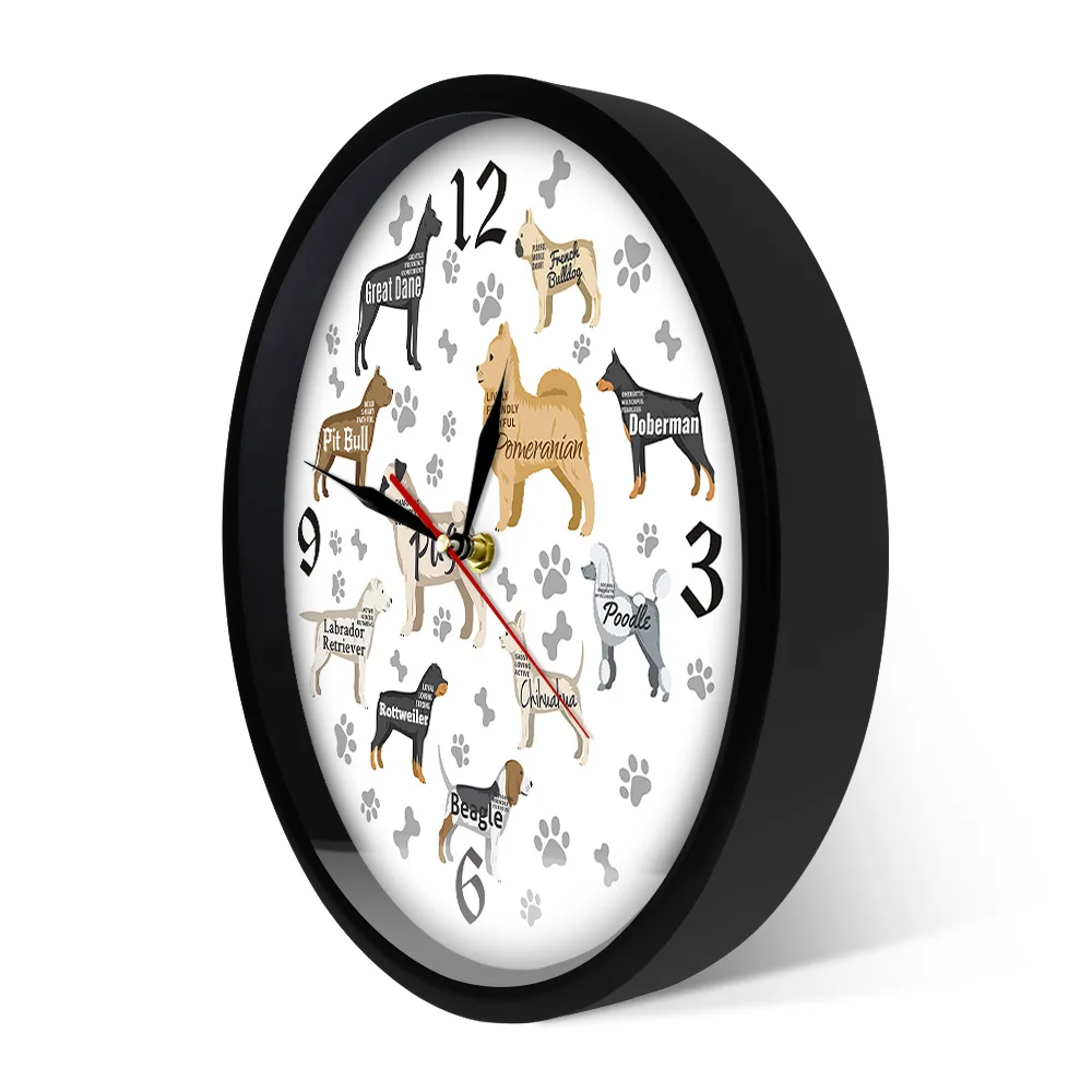 Dog Breeds Printed Wall Clock Dog Paws Dog Bones Puppy Dogs Modern Wall Watch Nursery Kid Room Wall Decor Animal Dog Lover Gift